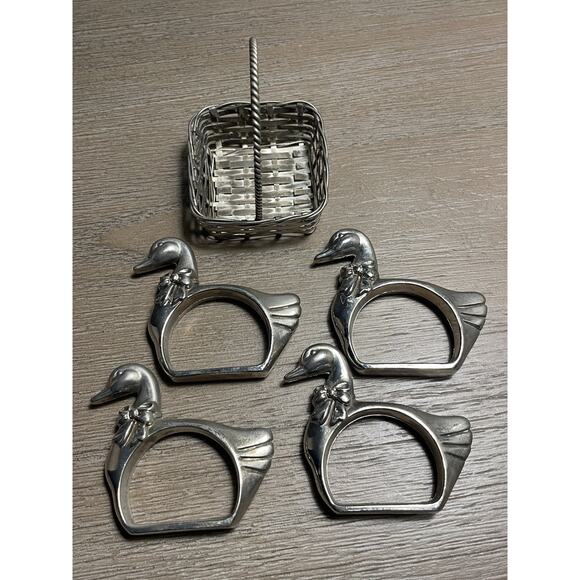 Duck Napkin Ring (Set of 4) in Basket Silver Metal Used - Picture 5 of 5